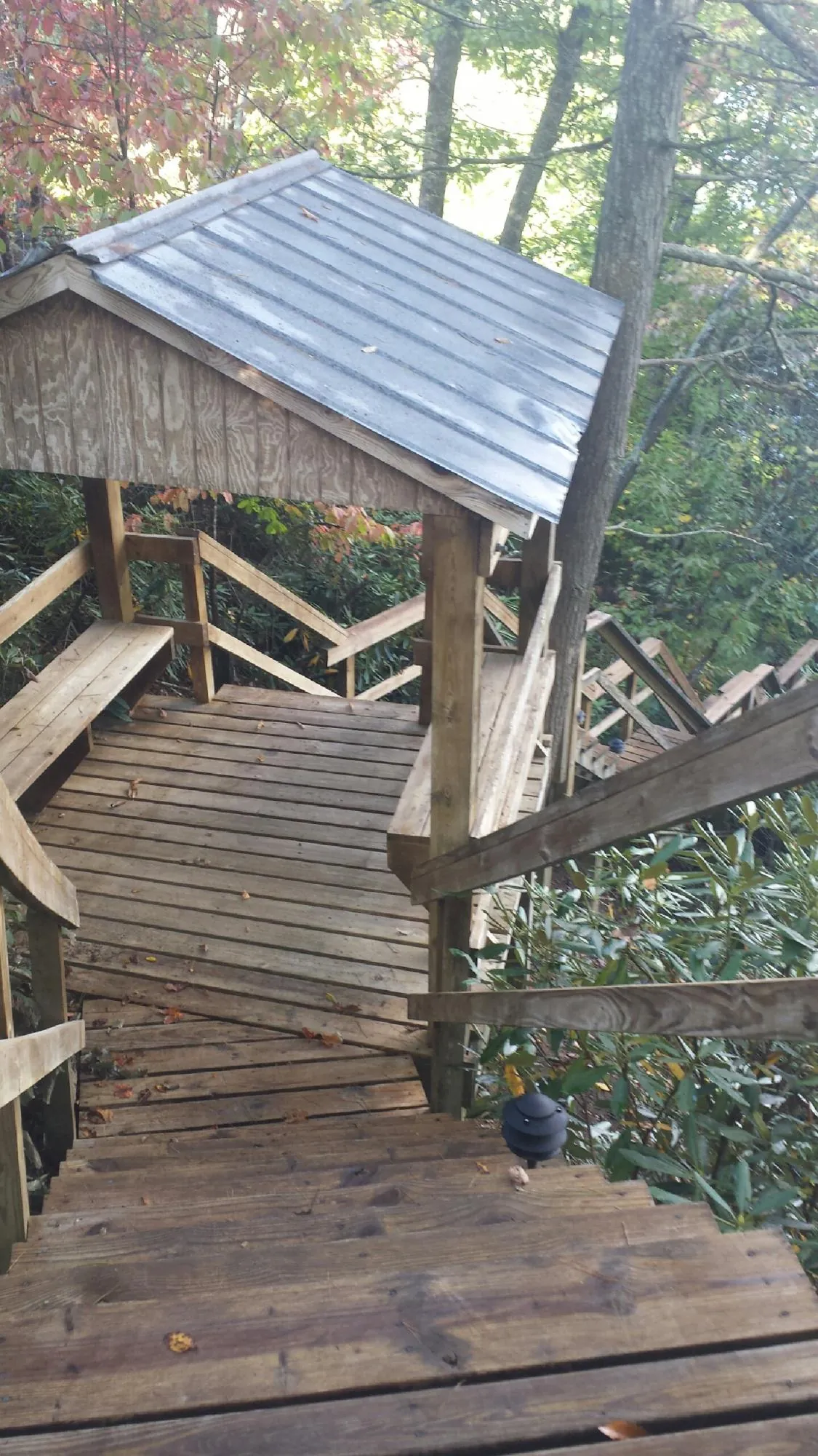 Metal roofed shelter over wooden steps on a wooded walkway — Skylight Repair & Installation work by our crew in Leadore